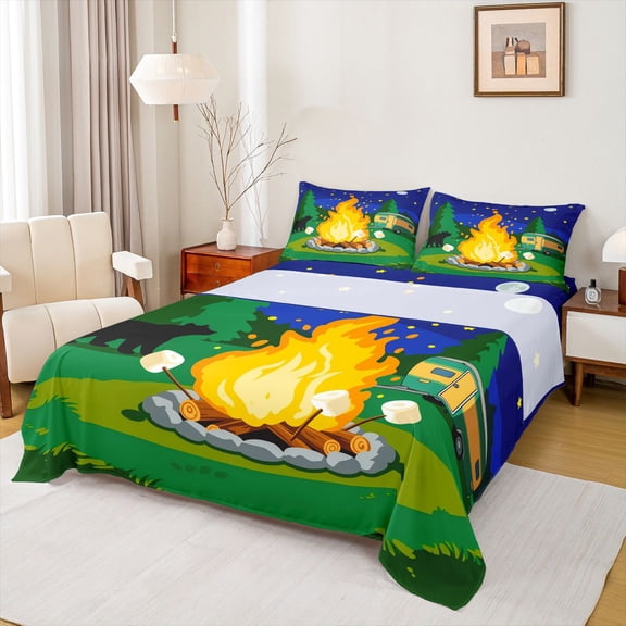 Catabedysis Starry Camping Bed Sheets,Bear Campfire Print Full Size Sheets For Boys,Multicolor,4pcs,1 Flat Sheet, 1 Fitted Sheet and 2 Pillowcases