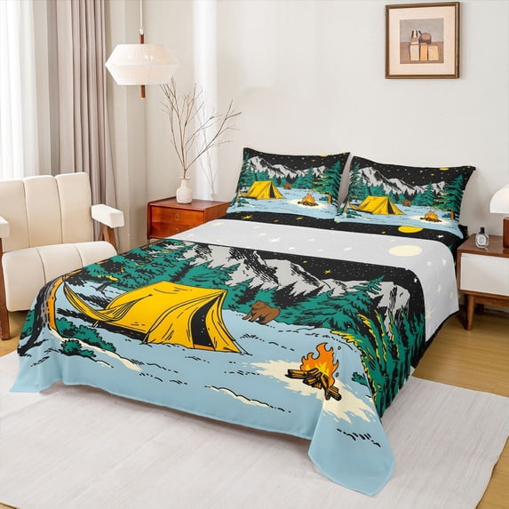 Catabedysis Starry Camping Bed Sheets,Bear Tent Print Full Size Sheets For Boys,Multicolor,4pcs,1 Flat Sheet, 1 Fitted Sheet and 2 Pillowcases