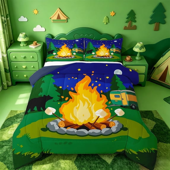 Catabedysis Starry Camping Full Size Comforter Sets,Bear Campfire Print Bedding Comforter Set For Boys,Multicolor,Navy Blue Reversible,3pcs,1 Comforter and 2 Pillowcases