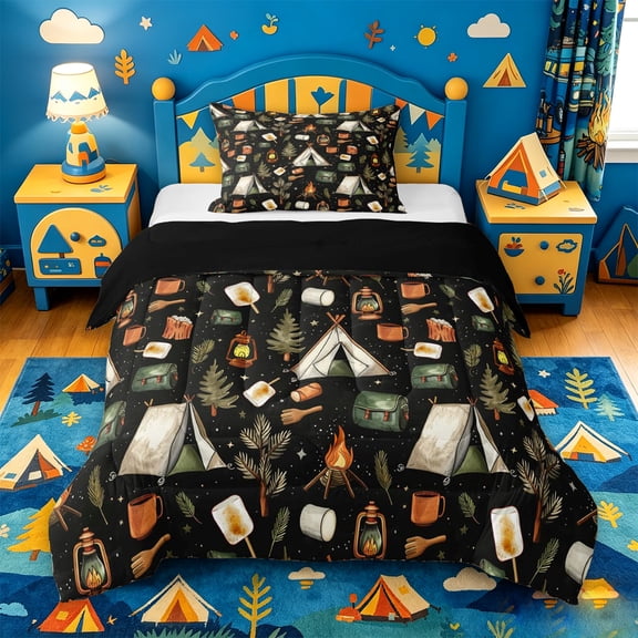 Catabedysis Starry Camping Twin Comforter Sets,S'Mores Tent Pattern Bedding Set For Boys,Multicolor,Black Reversible,2pcs,1 Comforter and 1 Pillowcase