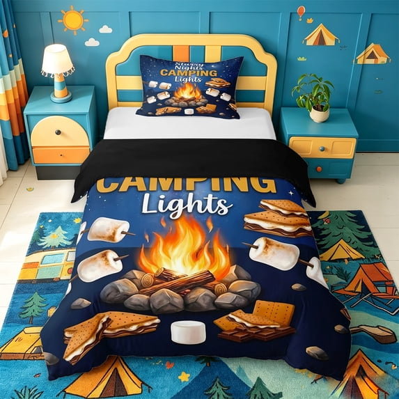 Catabedysis Starry Night Camping Twin Duvet Cover,Outdoor Camper Twin Bedding For Boys,Multicolor,Black Reversible,2 Pieces,1 Duvet Cover and 1 Pillowcase
