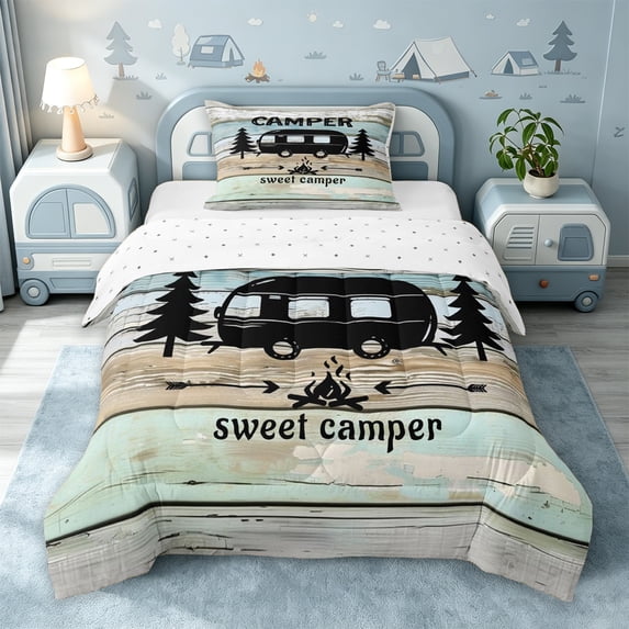 Catabedysis Sweet Camper Print Twin Comforter Sets,Coastal Camping Bedding Set For Boys,Multicolor,Reversible,2pcs,1 Comforter and 1 Pillowcase