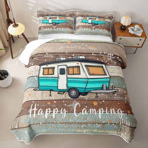 Catabedysis Teal Camper Print Quilt King,Retro Camping Rv King Coverlet Set For Boys,Multicolor,3 Pieces