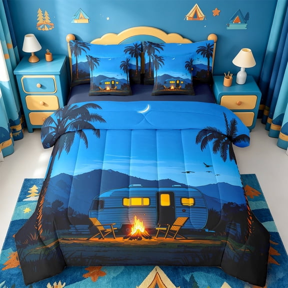 Catabedysis Tropical Camping 7-Piece Twin Bedding,Camper Night Print Bedding Comforter Set For Boys,Multicolor,Navy Blue Reversible