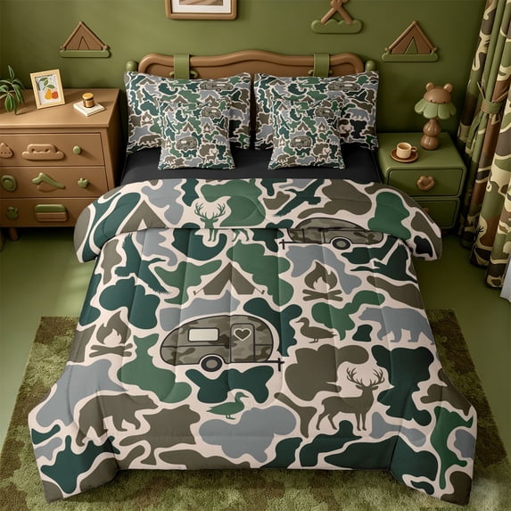 Catabedysis Vintage Camouflage Camper 7 Pieces Full Size Bedding Sets,Wild Animal Deer Bear Full Size Bed in a Bag For Boys,Green Grey,Black Reversible
