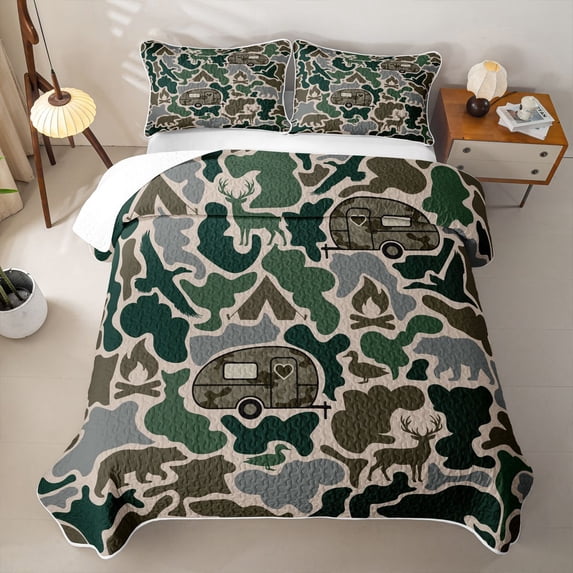 Catabedysis Vintage Camouflage Camper Bed Spread Queen,Wild Animal Deer Bear Queen Coverlet Set For Boys,Green Grey,3 Pieces