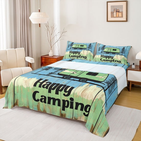 Catabedysis Vintage Camping Bed Sheets,Camper Print Full Size Sheets For Boys,Multicolor,4pcs,1 Flat Sheet, 1 Fitted Sheet and 2 Pillowcases
