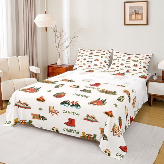 Catabedysis Vintage Camping Bed Sheets,Camping Gear Pattern Full Size Sheets For Boys,Multicolor,4 Pieces,1 Flat Sheet, 1 Fitted Sheet and 2 Pillowcases