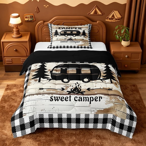 Catabedysis Vintage Camping Twin Comforter Sets,Sweet Camper Silhouette Print Bedding Set For Boys,Multicolor,Black Reversible,2 Pieces,1 Comforter and 1 Pillowcase