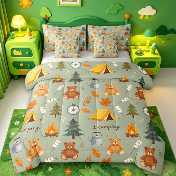 Catabedysis Watercolor Camping 7 Pieces Full Size Bedding Sets,Cartoon Cute Bear Print Full Size Bed in a Bag For Boys,Multicolor,Light Gray Reversible