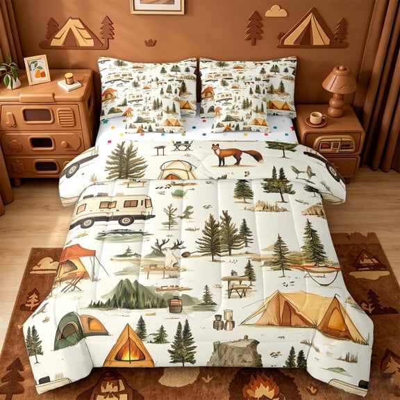 Catabedysis Watercolor Camping 7 Pieces Full Size Bedding Sets,Country Farmhouse Adventure Full Size Bed in a Bag For Boys,Multicolor,Polkadot Reversible