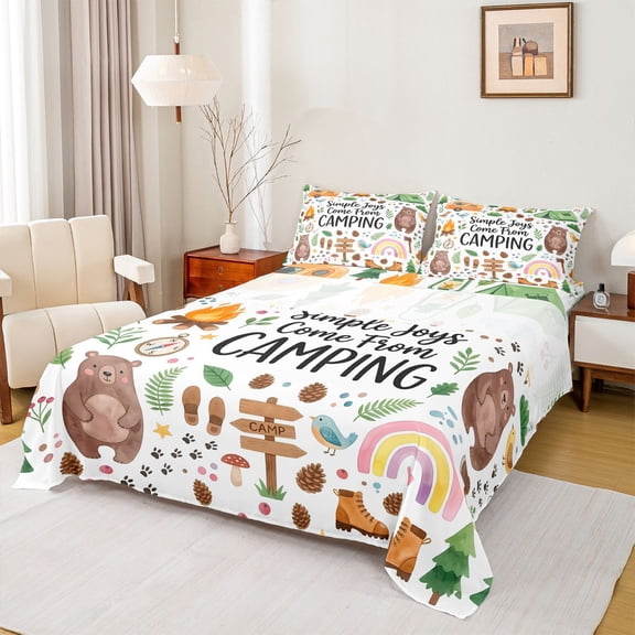 Catabedysis Watercolor Camping Bed Sheets,Cute Cartoon Bear Full Size Sheets For Boys,Multicolor,4-Piece,1 Flat Sheet, 1 Fitted Sheet and 2 Pillowcases