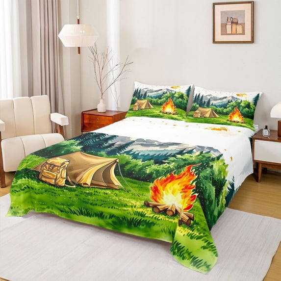 Catabedysis Watercolor Camping Bed Sheets,Mountain Tent Print Full Size Sheets For Boys,Multicolor,4 Pieces,1 Flat Sheet, 1 Fitted Sheet and 2 Pillowcases