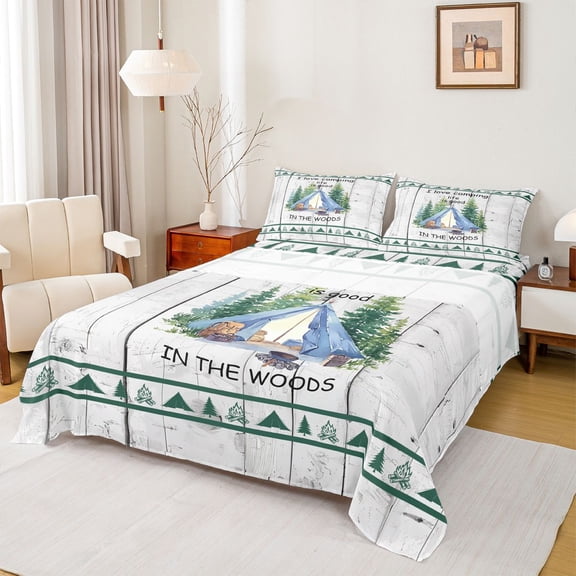 Catabedysis Watercolor Camping Bed Sheets,Tent Print Full Size Sheets For Boys,Multicolor,4pcs,1 Flat Sheet, 1 Fitted Sheet and 2 Pillowcases