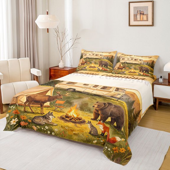Catabedysis Watercolor Camping Bed Sheets,Wildlife Print Full Size Sheets For Boys,Multicolor,4pcs,1 Flat Sheet, 1 Fitted Sheet and 2 Pillowcases