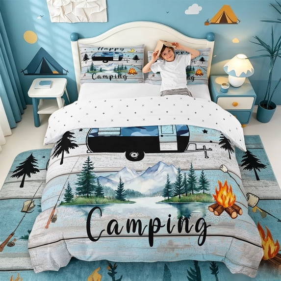 Catabedysis Watercolor Camping Bedding,Camper Fishing Print Duvet Cover Full For Boys,Multicolor,Reversible,3-Piece,1 Duvet Cover and 2 Pillowcases