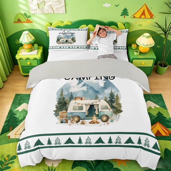 Catabedysis Watercolor Camping Bedding,Camper Mountain Print Duvet Cover Full For Boys,Multicolor,Light Gray Reversible,3 Pieces,1 Duvet Cover and 2 Pillowcases