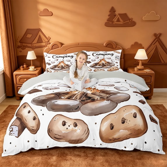 Catabedysis Watercolor Camping Bedding For Girls,S'Mores Campfire Print Duvet Cover Full,Multicolor,Light Gray Reversible,3-Piece,1 Duvet Cover and 2 Pillowcases