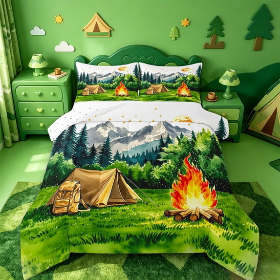 Catabedysis Watercolor Camping Full Size Comforter Sets,Mountain Tent Print Bedding Comforter Set For Boys,Multicolor,Reversible,3 Pieces,1 Comforter and 2 Pillowcases