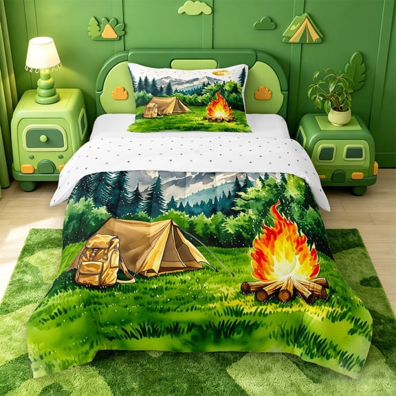 Catabedysis Watercolor Camping Twin Comforter Sets,Mountain Tent Print Bedding Set For Boys,Multicolor,Reversible,2-Piece,1 Comforter and 1 Pillowcase