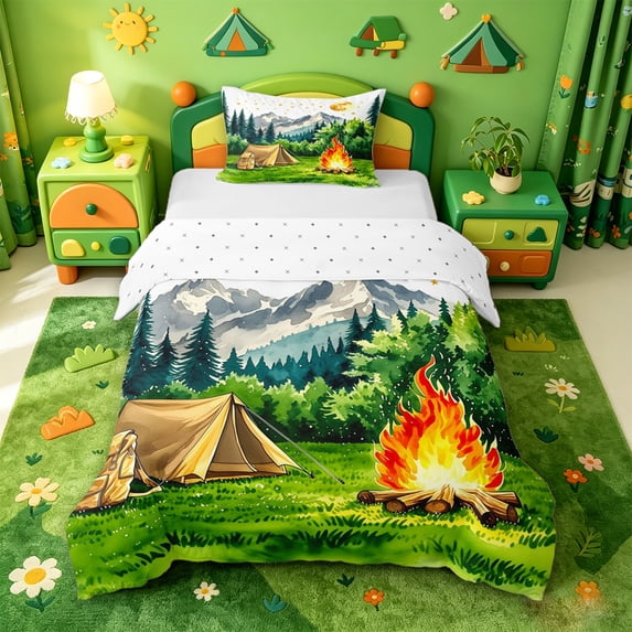 Catabedysis Watercolor Camping Twin Duvet Cover,Mountain Tent Print Twin Bedding For Boys,Multicolor,Reversible,2-Piece,1 Duvet Cover and 1 Pillowcase