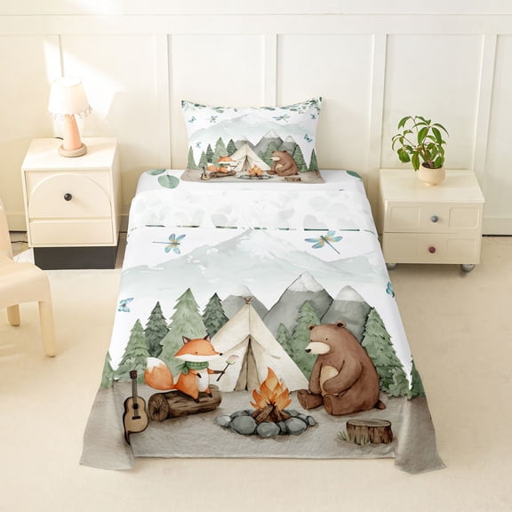 Catabedysis Watercolor Camping Twin Sheets,Bear Fox Tent Print Bedding For Boys,Multicolor,3-Piece,1 Fitted Sheet and 1 Pillowcase
