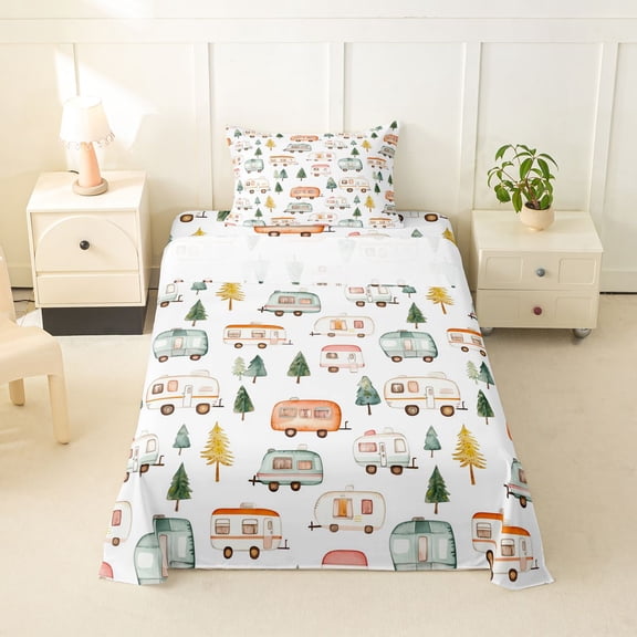 Catabedysis Watercolor Camping Twin Sheets For Girls,Pastel Camper Pattern Bedding,Multicolor,3pcs,1 Fitted Sheet and 1 Pillowcase