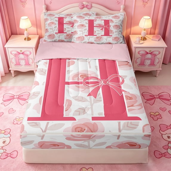Catabedysis Watercolor Floral Zipper Full Size Comforter Sets with Fitted Sheet and 2 Pillowcases,Pink Bowknot Initial Pattern Zipper Bedding Set For Girls,Pink Reversible,4-Piece