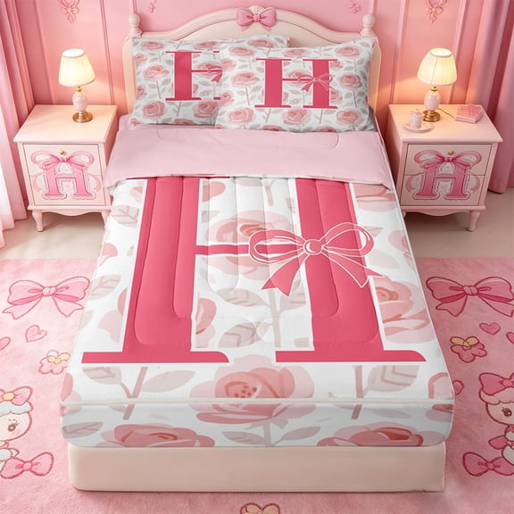 Catabedysis Watercolor Floral Zipper Twin Comforter Sets with Fitted Sheet and 2 Pillowcases,Pink Bowknot Initial Pattern Zipper Bedding Set For Girls,Pink Reversible,4 Pieces
