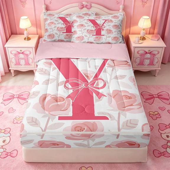 Catabedysis Watercolor Rose Initial Y Zipper Twin Comforter Sets with Fitted Sheet and 2 Pillowcases,Pink ABC Themed Zipper Bedding Set For Girls,Pink Reversible,4-Piece