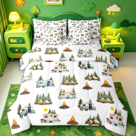 Catabedysis Whimsical Camping 7-Piece Twin Bedding,Camper Tent Pattern Bedding Comforter Set For Boys,Multicolor,Polkadot Reversible