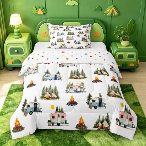 Catabedysis Whimsical Camping Twin Comforter Sets,Camper Tent Pattern Bedding Set For Boys,Multicolor,Polkadot Reversible,2pcs,1 Comforter and 1 Pillowcase