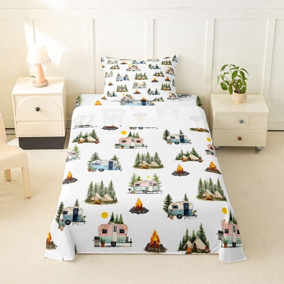 Catabedysis Whimsical Camping Twin Sheets,Camper Tent Pattern Bedding For Boys,Multicolor,3pcs,1 Fitted Sheet and 1 Pillowcase