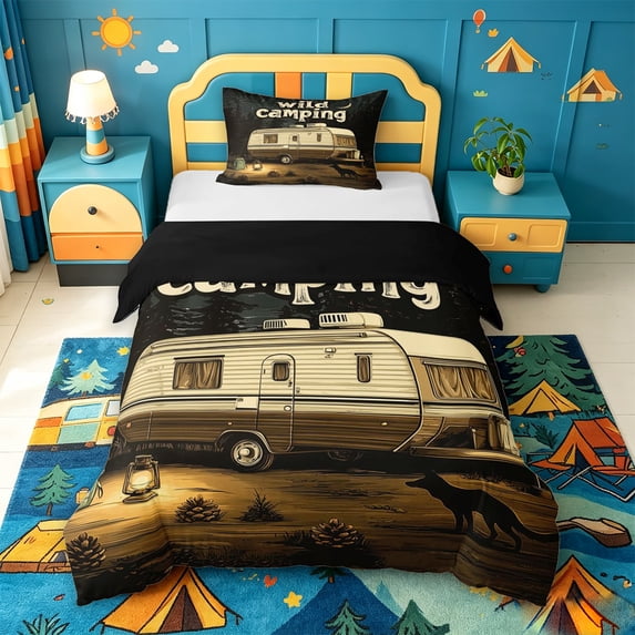 Catabedysis Wild Camping Twin Duvet Cover,Night Camper Print Twin Bedding For Boys,Multicolor,Black Reversible,2 Pieces,1 Duvet Cover and 1 Pillowcase