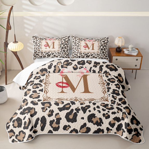 Catabedysis Wild Leopard Print Twin Quilt Set,Brown Letter M Design Twin Coverlet Set For Girls,3Pcs