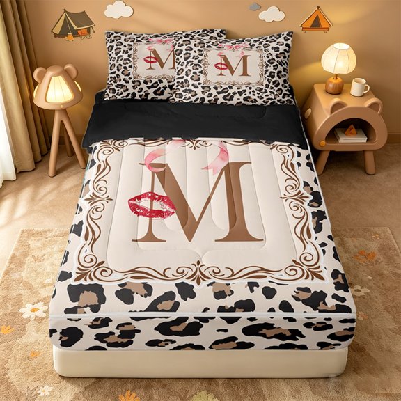 Catabedysis Wild Leopard Print Zipper Twin Comforter Sets with Fitted Sheet and 2 Pillowcases,Brown Letter M Design Zipper Bedding Set For Girls,Black Reversible,4 Pieces