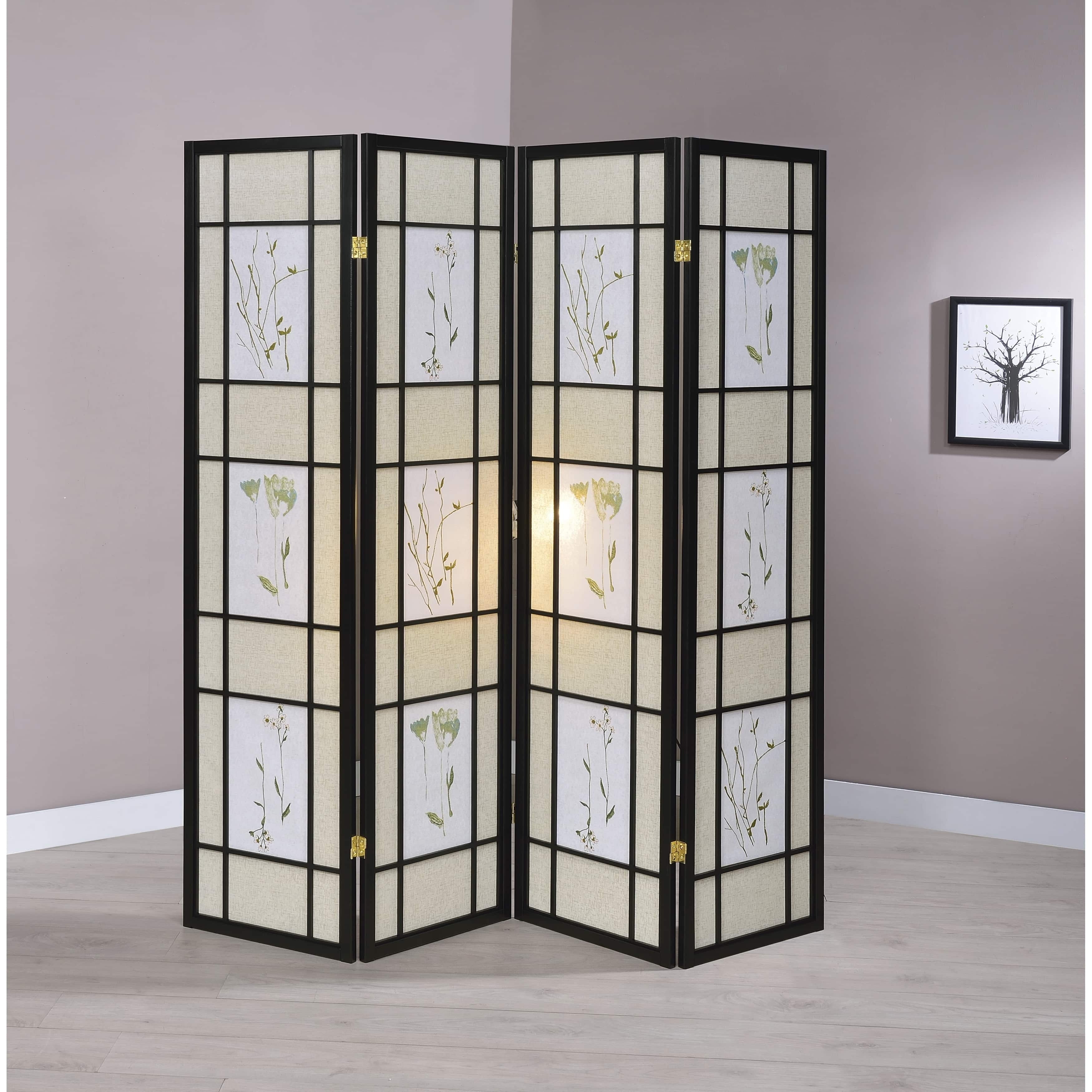 Beige and Black Floral Print 4-Panel Folding Screen