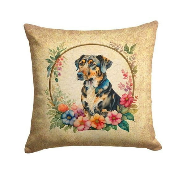 Catahoula Leopard Dog and Flowers Fabric Decorative Pillow 18 in x 18 in