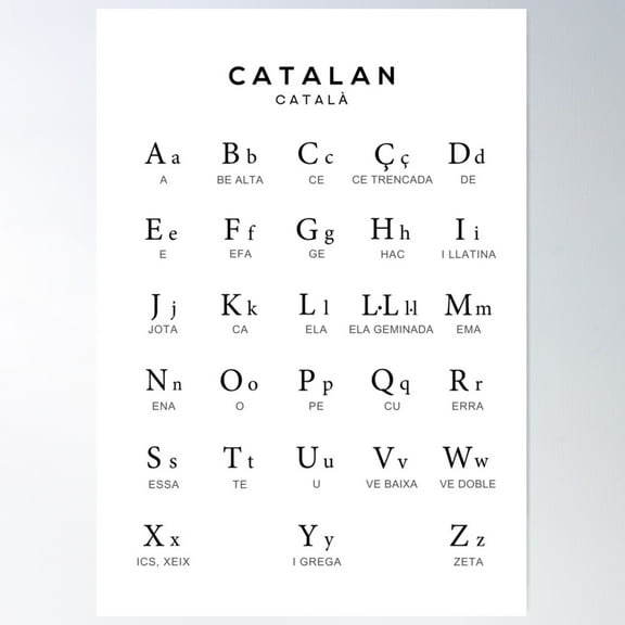 Catalan Alphabet Language Learning Chart - White Poster Wall Art, Modern Wall Decor For Living Room Bedroom, 24x36 UNFRAMED