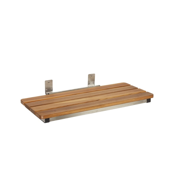 Catalina 29" x 16.5" Side Wall-Mount Folding Natural Teak Wood Tub Seat with 3" Slats and #304 Satin Stainless Steel Frame