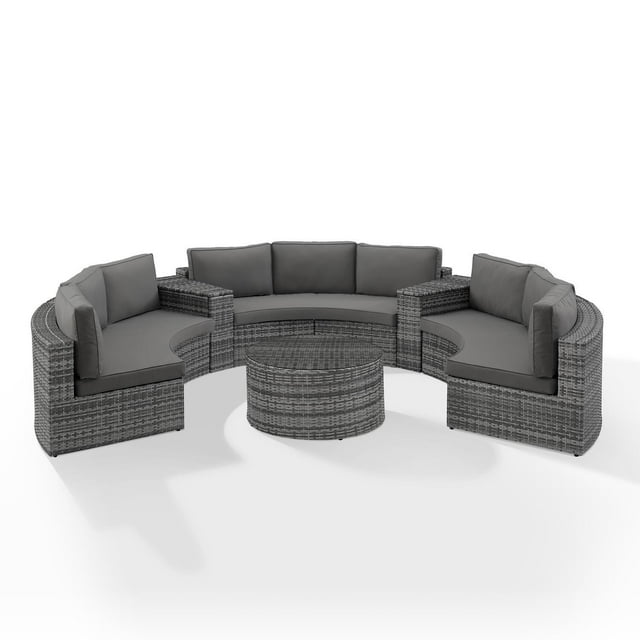 Catalina 6Pc Outdoor Wicker Sectional Set Gray/Gray - Round Glass Top Coffee Table, 3 Round Sectional Sofas, & 2 Arm Tables