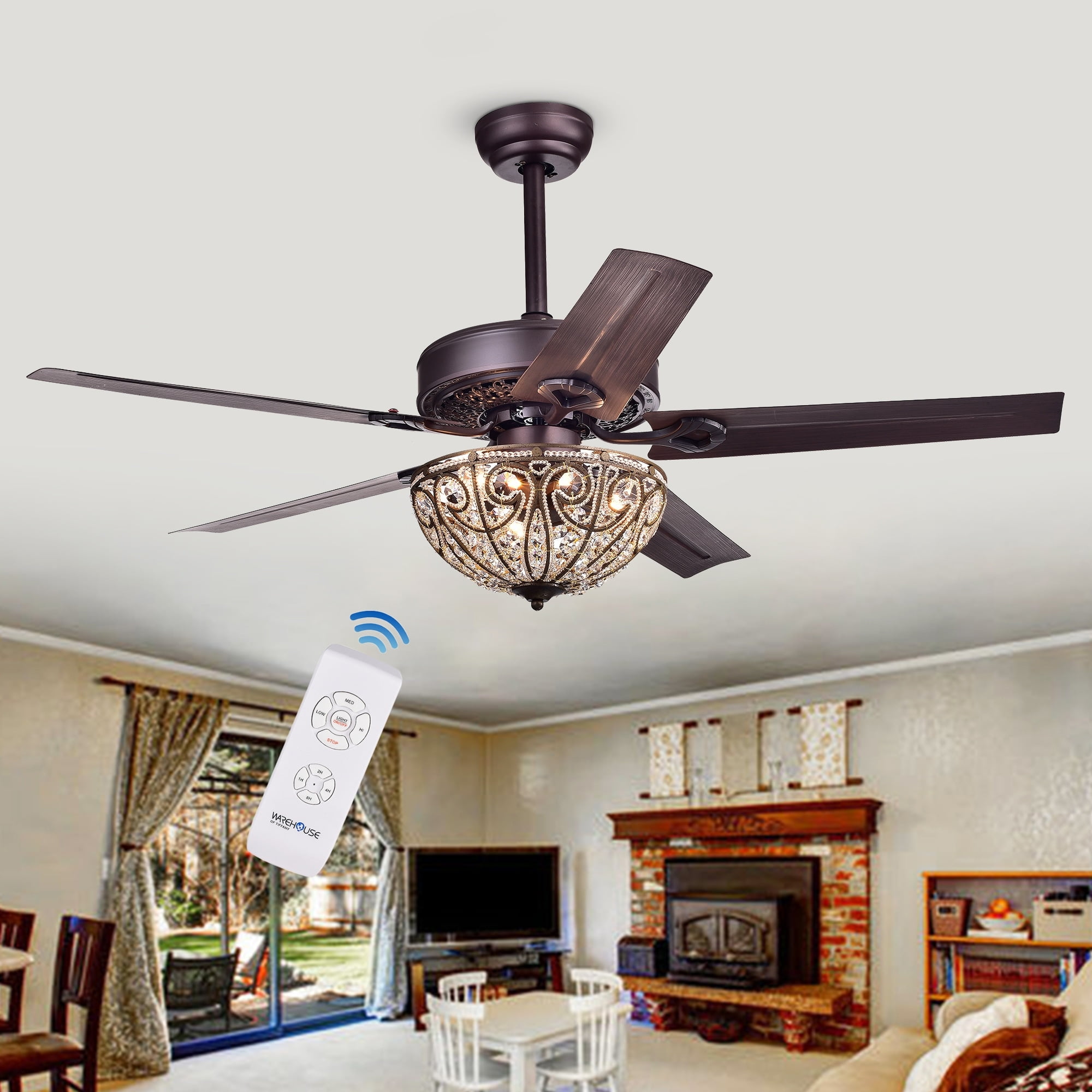 Bronze Crystal Chandelier Ceiling Fan with Remote, 48-inch