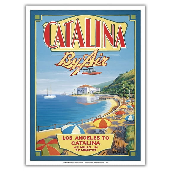 Catalina By Air - Los Angeles to Catalina - Vintage Airline Travel Poster by Kerne Erickson - Master Art Print (Unframed) 9in x 12in