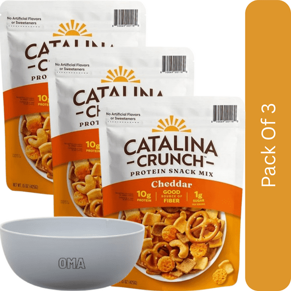 Catalina Crunch Cheddar Snack Mix, 15 oz-3pk, With Olive White Bowl By OMA