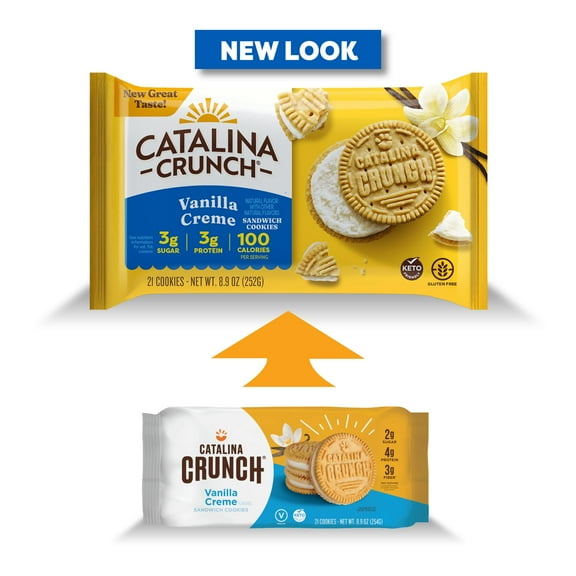 Catalina Crunch Vanilla FEV6Creme Sandwich Cookies, Low Carb, Low-Sugar Snacks, Keto Snacks, 8.9 oz (21 Cookies)