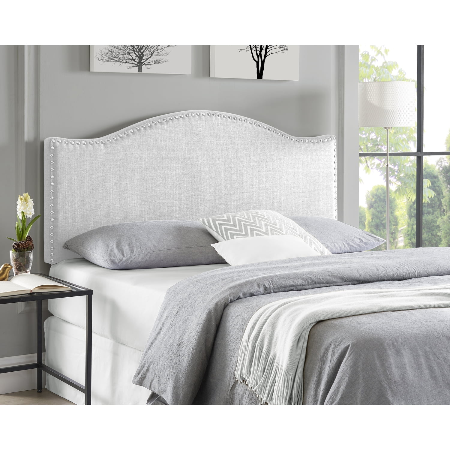 Catalina White Queen Headboard – Upholstered Linen Bed Headboard with Nailhead Trim, 12 Adjustable Positions