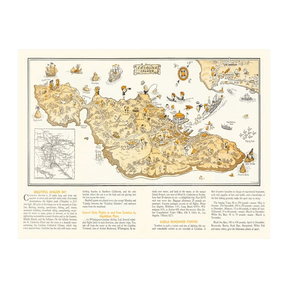 Catalina Island Art, 1933 Vintage Map of Catalina Island History Wall Decor Gift, Old Catalina Island Map - 36" x 24" Unframed Print