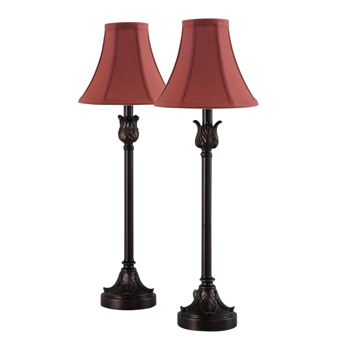 Bronze Buffet Table Lamp Set with Burgundy Fabric Shades