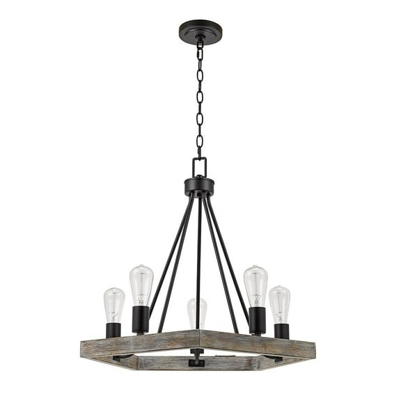 Catalina Lighting Catalina 24"W 5-Light Country Rustic Pentagon Tray Chandelier, Faux Wood Finish with Matte Black Accents