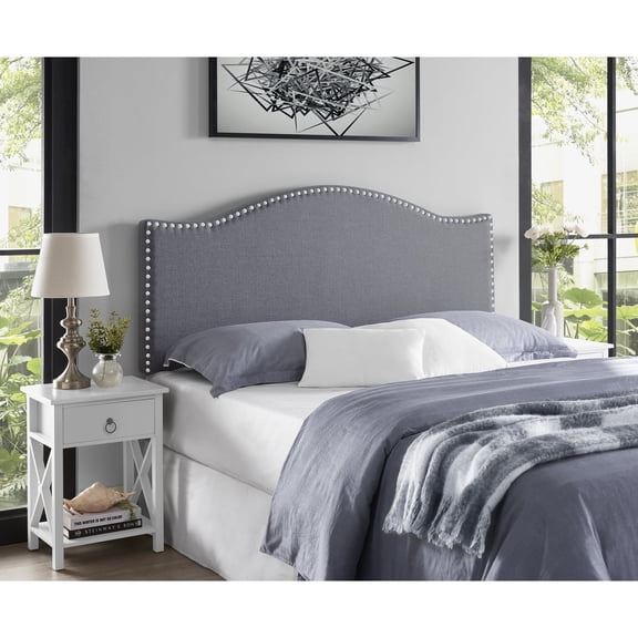 Catalina Light Gray Queen Upholstered Nailhead Headboard, 12 Adjustable Positions